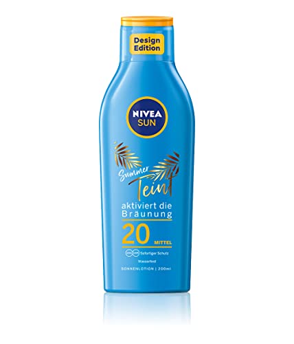 (-23%) NIVEA SUN Schutz & Bräune Sonnencreme LSF 20 (200 ml), Sonnenmilch mit Pro-Melanin-Extrakt für eine ebenmäßige Bräune, sofortiger Sonnenschutz mit UVA/UVB-Filtersystem