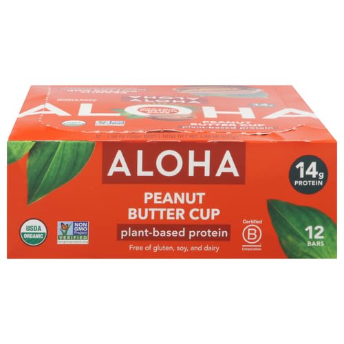 ALOHA Organic Plant Based Protein Bars - Peanut Butter Cup Bar - 12 Bars, Vegan, Low Sugar, Gluten-Free, Low Carb, Non-GMO, No Stevia, No Erythritol