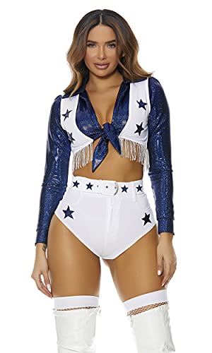 Forplay Women's Star Cheerleader Costume 4-Piece Halloween Outfit with Top, Vest, Panty and Belt, White, XS/S