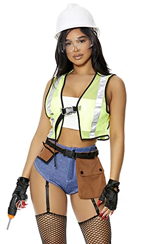 Forplay Women's Construction Worker Costume 6-Piece Halloween Outfit with Top, Panty, Vest, Belt, Gloves and Glasses, Yellow, XS/S