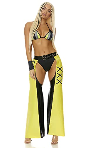 Forplay Women's Filthy Iconic Superstar Costume 4-Piece Halloween Outfit with Bra, Panty, Chaps, and Wristcuffs, Yellow, L/XL