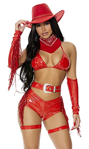 Forplay Women's Shiny Vinyl Cowgirl Costume Print 6-Piece Halloween Outfit with Top, Shorts, Waistbelt, Sleeves and Bandana, Red, L/XL