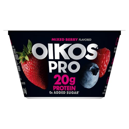 Oikos Pro Mixed Berry Yogurt-Cultured Ultra-Filtered Milk Product, 20 Grams of Protein, 0g Added Sugar, Just Delicious High Protein Snacks, 5.3 OZ Cup