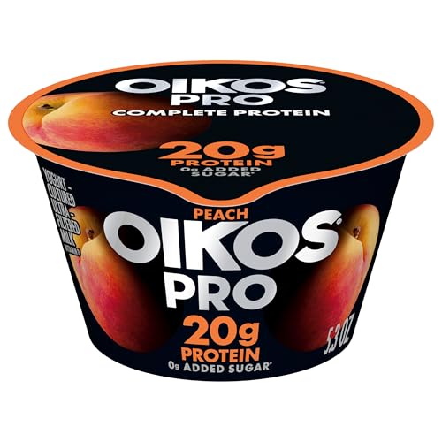 Oikos Pro Peach Yogurt-Cultured Ultra-Filtered Milk Product, 20 Grams of Protein, 0g Added Sugar, Just Delicious High Protein Snacks, 5.3 OZ Cup