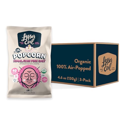 LesserEvil Himalayan Pink Salt Organic Popcorn, Premium Quality, Minimally Processed, No Vegetable Oil, 4.6 Oz, (Pack of 3)