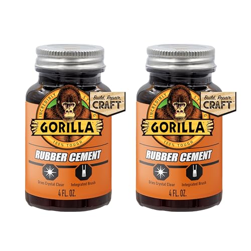 Gorilla Rubber Cement with Brush Applicator, Clear Glue, 4 Fluid Ounces (Pack of 2) - Easy to Use, Non-Wrinkling, Non-Yellowing