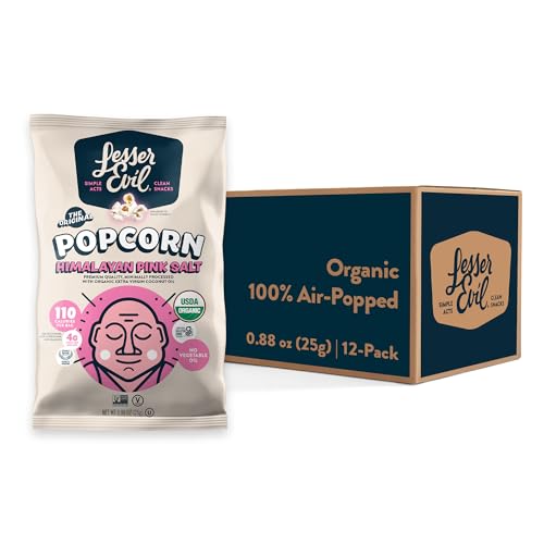 LesserEvil Himalayan Pink Salt Organic Popcorn, No Artificial Ingredients, Coconut Oil, Pack of 12, 0.88 oz Bags