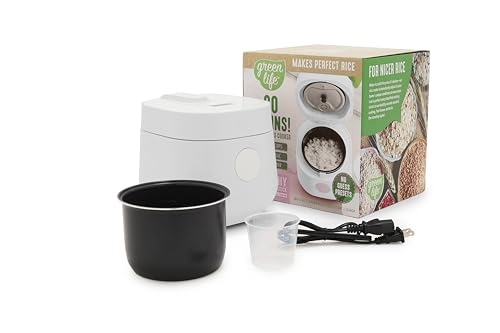 GreenLife Digital Rice Cooker, 2-Cups Uncooked/4-Cups Cooked, Removable Nonstick Ceramic PFAS-Free Pot, One-Touch Presets, Oats, Quinoa, Brown Rice, Auto Keep Warm, Fuzzy Logic Tech, 1.5QT, White