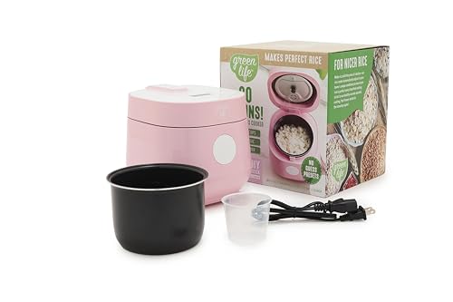 GreenLife Digital Rice Cooker, 2-Cups Uncooked/4-Cups Cooked, Removable Nonstick Ceramic PFAS-Free Pot, One-Touch Presets, Oats, Quinoa, Brown Rice, Auto Keep Warm, Fuzzy Logic Tech, 1.5QT, Pink