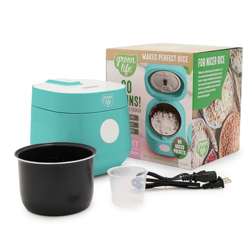 GreenLife Digital Rice Cooker, 2-Cups Uncooked/4-Cups Cooked, Removable Nonstick Ceramic PFAS-Free Pot, One-Touch Presets, Oats, Quinoa, Brown Rice, Auto Keep Warm, Fuzzy Logic Tech, 1.5 QT, Turquoise