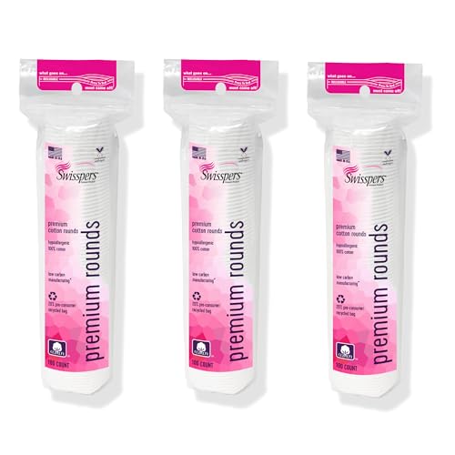 Swisspers Premium Cotton Rounds – 100 Count (Pack of 3) - 100% Pure Cotton - Soft, Absorbent, Hypoallergenic Pads for Makeup Removal, Skincare, Baby Care and Facial Cleansing - Lint Free