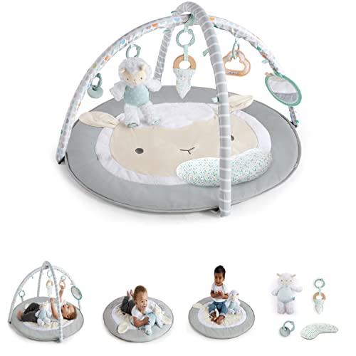 Ingenuity, Sheppy’s Spot Plush Activity Gym, Corrie, Baby Play mat Gym with Play Arch, Prop Pillow, 5 Detachable Activity Toys, Easy to Store, Machine Washable, Neutral and Unisex Design, Grey