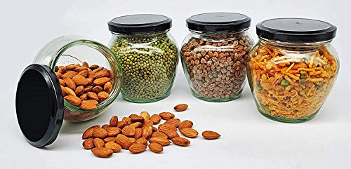 SITOVI Transparent Glass Jar and Container Air Tight Black Lid for Kitchen 400 ml Mataki Glass Jar with Airtight Metal Lid Pack of (6)