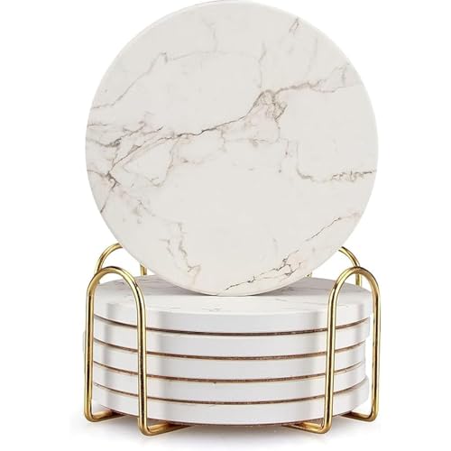 6 Pack White Marble Coaster Set with Holder Absorbent Drink Coasters Ceramic Cute Coaster Bar Dining Coffee Table Access