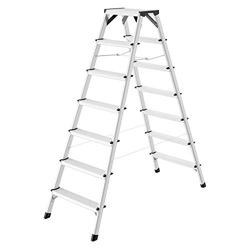 ⚡ BLITZDEAL (-47%) Hailo D60 StandardLine Alu-Doppelstufenleiter - 2x7 Stufen bis 150 kg - Leiter mit Spreizsicherung - Füße mit Soft-Grip-Sohle - mit stabilen Eckversteifungen - Alu Bockleiter rostfrei - Silber