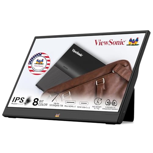 ViewSonic VA1655 15.6 Inch 1080p FHD IPS Portable Monitor with Built-in Stand, 60W USB C, Mini HDMI, Protective Case and Speakers for PC, Mac, Gaming Consoles, Phones
