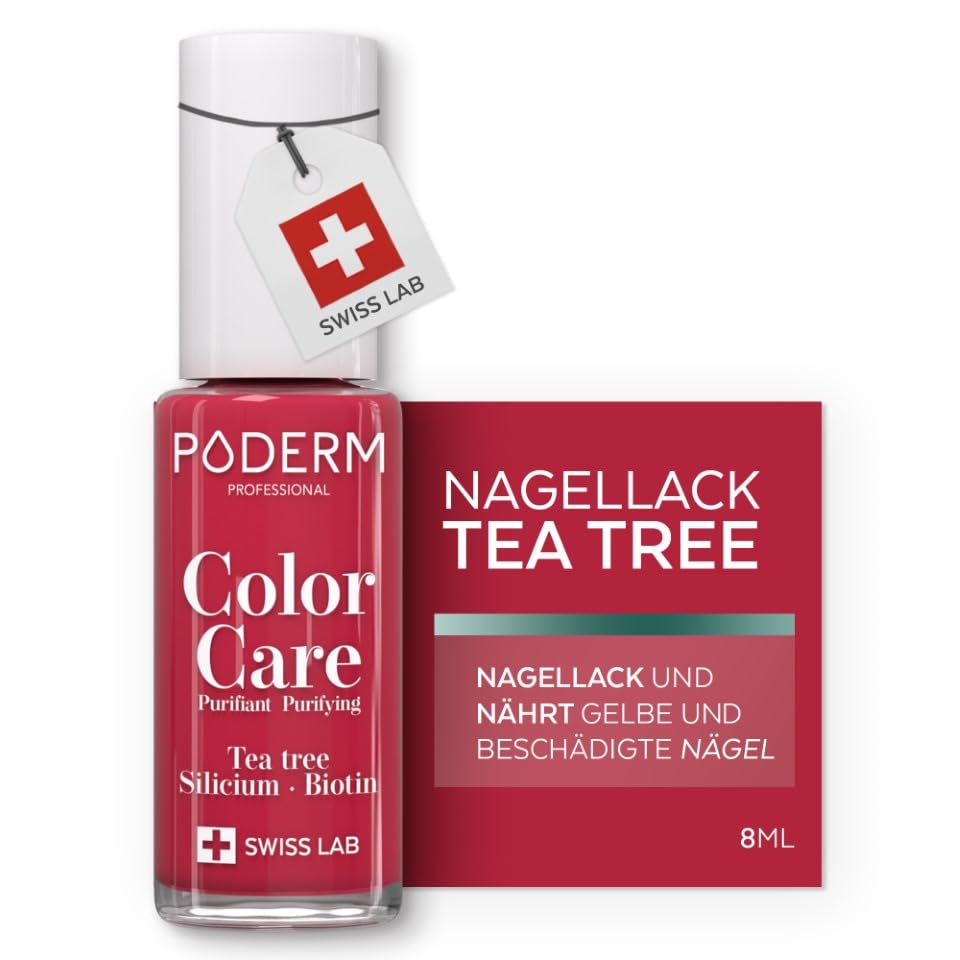 PODERM Nail Care Polish with Tea Tree - Red Rose | Swiss Lab - 8ML | Enriched with Tea Tree, Silicon & Biotin | Purifies, Clarifies & Nourishes Yellow Nails | Created by a Podiatrist
