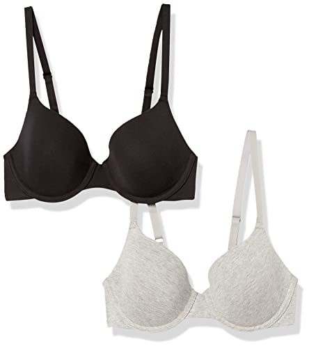 Amazon Essentials T-Shirt Bras for Women, Comfortable Underwire, Pack of 2, Black/Grey Heather, 30B