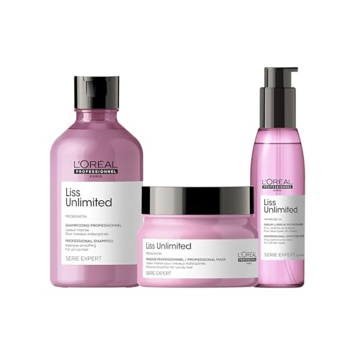 L'Oréal Professionnel Liss Unlimited Shampoo 300ml, Mask 250ml & Hair Serum 125ml, for Frizzy & Unruly Hair | Intensive Smoothing for Frizz-Control | 