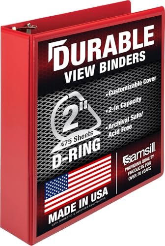 Samsill Durable 2 inch 3 Ring Binder, Made in USA, D Ring Binder, FSC 100% Recycled Chipboard, Red