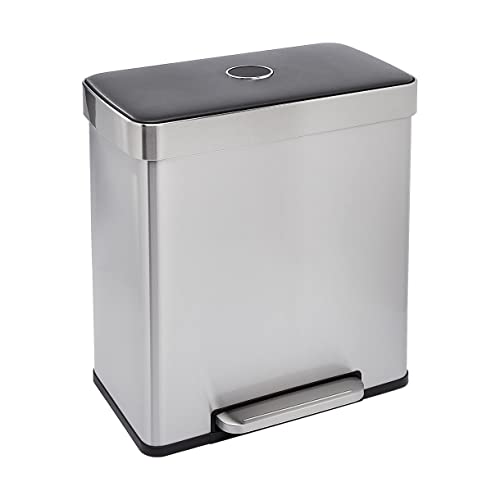 Amazon Basics Dual Compartment Recycling Trash Can with Soft-Close Lid and Removable Liner Buckets, 60 Liters, Rectangular, Grey, Silver