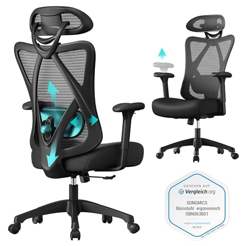SONGMICS OBN063B01 Ergonomischer Bürostuhl, Netzstoff mit Lordosenstütze & Kopfstütze, höhenverstellbar, bis 150 kg