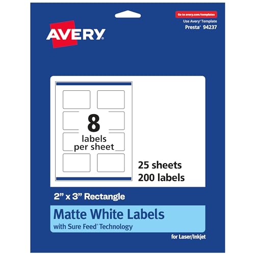 Avery Matte White Rectangle Labels, Sure Feed Technology, 2" x 3", 200 Matte White Printable Labels