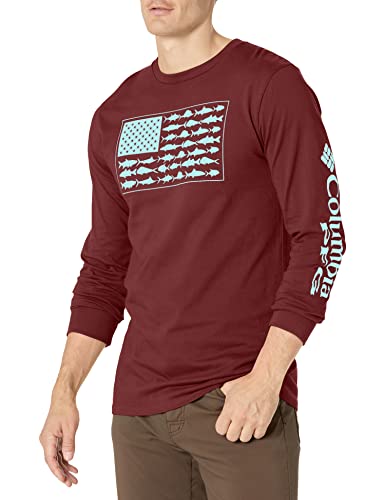 Columbia Mens Long Sleeve Tee Shirt; Columbia; Outdoors; Fishing; Camping; Hiking T Shirt, Rich Wine with Gulfstream, X-Large US