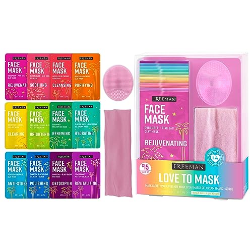 Freeman Facial Love To Mask Variety Pack: Oil Absorbing Clay, Detoxifying Charcoal, Clearing Peel Off, Hydrating Gel Cream, Exfoliating Scrub (14 Piece Kit with Bonus Buffer and Headband)