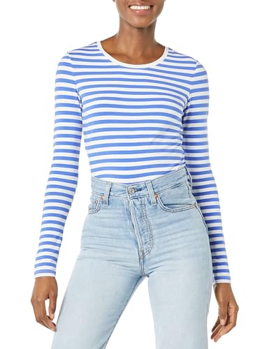 Amazon Essentials Women's Regular-Fit Long-Sleeve Crewneck T-Shirt (Available in Plus Size), Blue White Stripe, XX-Large