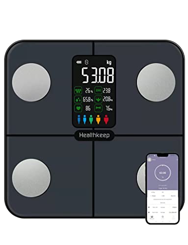 🔥 STARKER PREIS (-28%) Healthkeep Waage Personen mit Körperfett und Muskelmasse - Körperfettwaage mit Display Personenwaage mit 15 Körperdaten Messwerten(Herzfrequenz, BMI), Digital Testsieger mit APP für iOS und Android