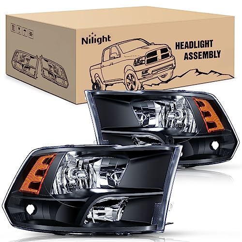 Nilight Headlight Assembly 2009 2010 2011 2012 2013 2014 2015 2016 2017 2018 Ram 1500 2500 3500 Pickup Quad Headlamp Assembly Replacement Black Housing Amber Corner Clear Lens,(Only for Quad Models)