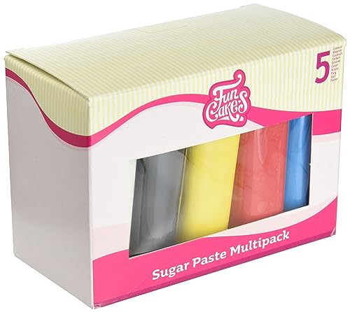 FunCakes Fondant Multipack Primary Colours, Perfect for Cake Decorating, Halal, Kosher and Gluten Free. 5 Colours, White, Yellow, Blue, Red, Black, 5 x 100 g