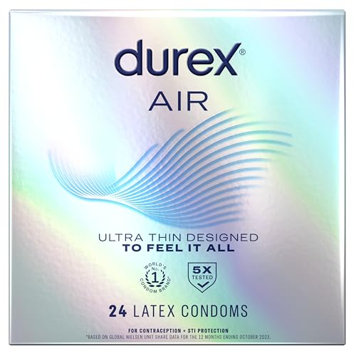 Durex Air Condoms, Extra Thin, Transparent Natural Rubber Latex Condoms for Men, Regular Fit, FSA & HSA Eligible, 24 Count