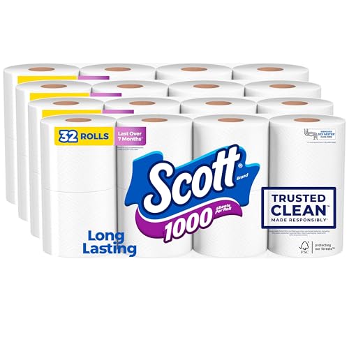 Scott 1000 Toilet Paper, 32 Rolls, Septic-Safe, 1-Ply Toilet Tissue