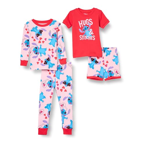 Spotted Zebra Girls' Disney Snug-fit Cotton Pajamas Sleepwear Sets, 4-Piece Stitch Hugs, Medium