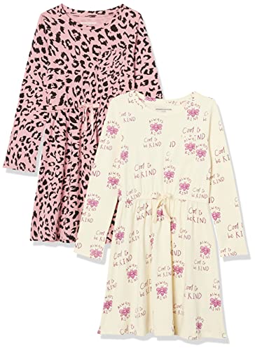 Amazon Essentials Girls' Long-Sleeve Elastic Waist T-Shirt Dress, Purple/Animal, Large
