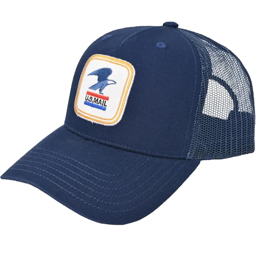 U.S. Mail Trucker Hat, USPS Eagle Embroidered Logo Adjustable Adult Snapback Cap with Curved Brim, Navy Blue, One Size
