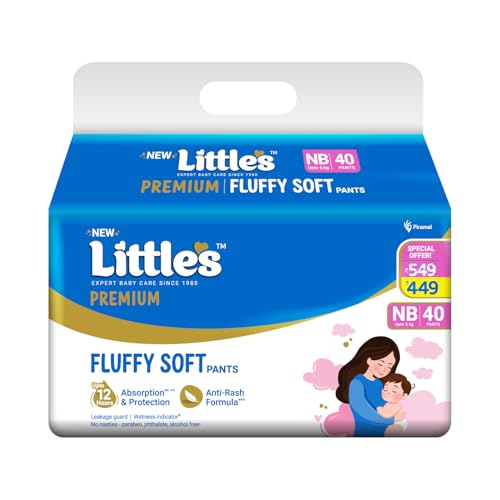 Little's Premium New Born Baby Diaper Pants Style (NB) | Upto 5 kg | 40 Count - Pack of 1 | FluffySoft Baby Diapers with Leakage Guard, Wetness Indica