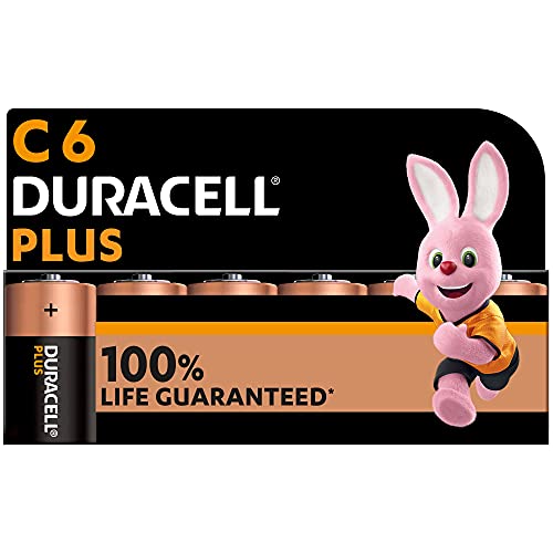 Duracell Plus C Batteries (6 Pack) - Alkaline 1.5V - 100% Life Guaranteed - Reliability For Everyday Devices - 0% Plastic Packaging - 10-Year Storage - MN1400
