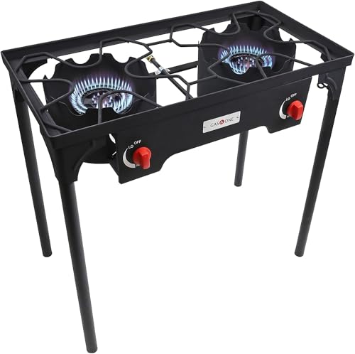 Gas One Propane Double Burner Two Burner Camp Stove Outdoor High Pressure Propane 2 Burner Adjustable PSI Regulator and 4ft Steel Braided Hose With Removable Legs