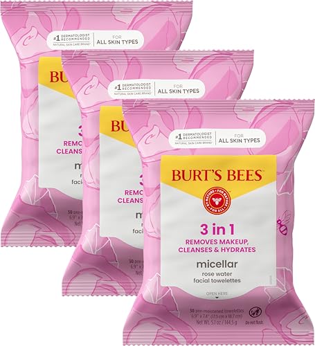 Burt’s Bees Micellar Rose Water Facial Towelettes, 100% Plant Based Cloth; 99% Natural Origin; Remove Makeup, Cleanse, Hydrate; No Greasy, Oily Residue; All Skin Types (Pack May Vary)