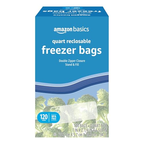 Amazon Basics Reclosable Freezer Quart Bags BPA Free Airtight 120-Count
