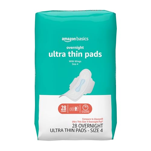 Amazon Basics Overnight Pads for Women, Ultra Thin with Flexi-Wings, Unscented, Size 4, 28 Count, 1 Pack (Previously Solimo)