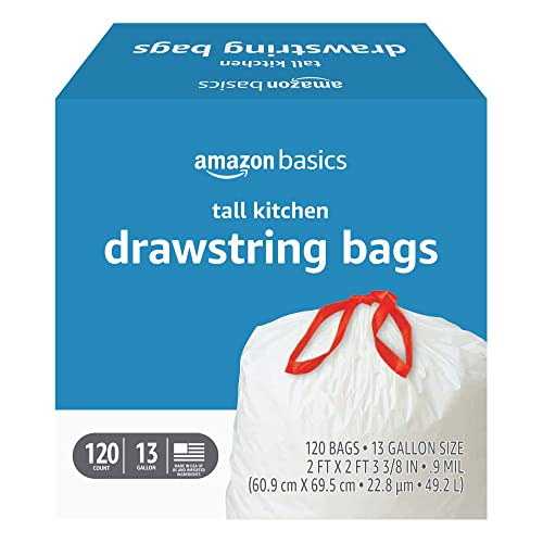 Amazon Basics Tall Kitchen Drawstring Trash Bags 13 Gallon Unscented 120 Count