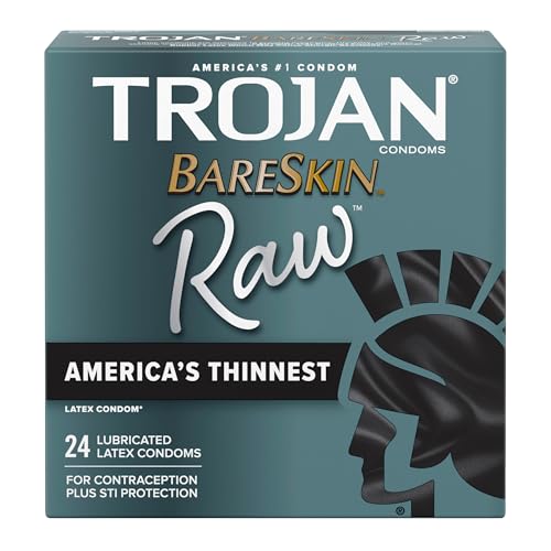 TROJAN BareSkin Raw Ultra Thin Condoms, Lubricated Thin Condoms for Men, America's #1 Condom Brand, 24 Count Pack