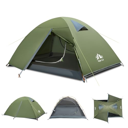 Night Cat Backpacking Tent 2 Persons with Aluminium Pole Double Layers Camping Tent Adults Rainproof Lightweight Easy Setup Two Doors Hiking Mountaineering 2.2x1.4m