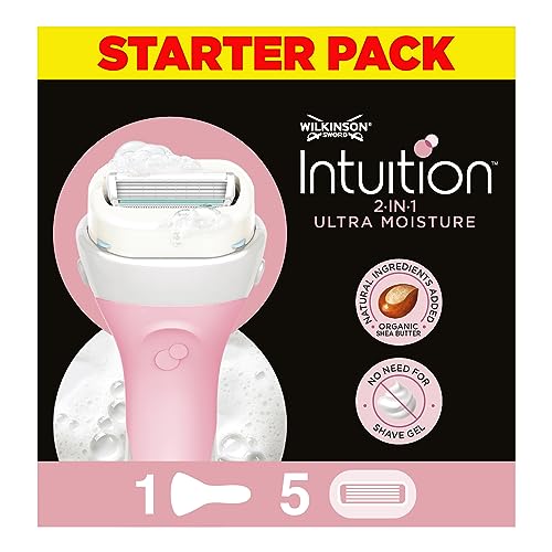 Wilkinson Sword Intuition 2-in-1 Ultra Moisture Women’s Razor, Hair Removal, Touch of Shea Butter, Shavers for Routine Grooming, 1 Reusable Handle and 5 Refill Razor Blades , Packaging May Vary
