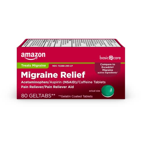 Amazon Basic Care Migraine Relief Geltabs to Alleviate Migraine Symptoms, Acetaminophen, Aspirin (NSAID) and Caffeine, 80 Count