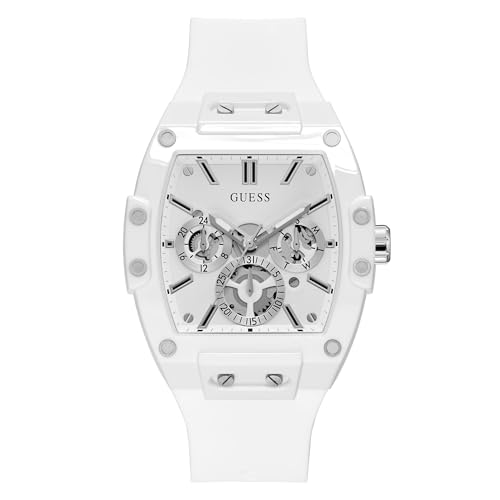 GUESS Mens Casual Multifunction 43mm Watch – White Polycarbonate Case, Skeleton Dial & Silicone Strap